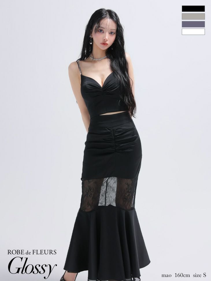 キャバドレス Glossy ROBE de FLEURS グロッシー ローブドフルール セットアップ キャミソール サテン レース マーメイドロングドレス 