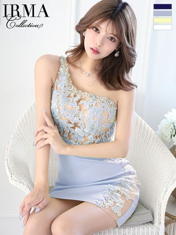 キャバドレス IRMA イルマ ラワーレース ワンショルダー ビジュー ワンカラー シースルー タイトミニドレス