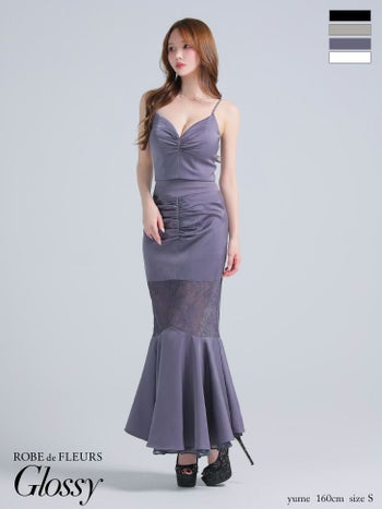 キャバドレス Glossy ROBE de FLEURS グロッシー　ローブドフルール キャミソール サテン レース セットアップ マーメイドロングドレス 