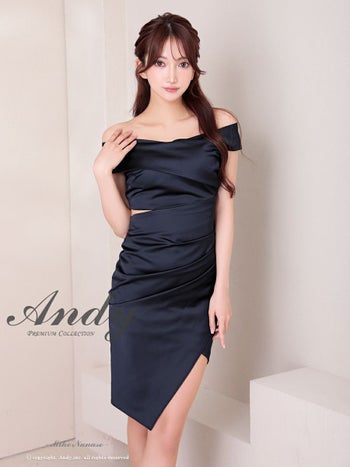 キャバドレス Andy アンディ ワンカラー サテン オフショル アシンメトリー タイトミニドレス