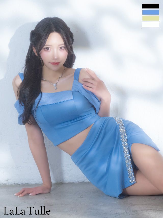 キャバドレス Angel R エンジェルアール 肩あき アシンメトリー ビジュー スリット セットアップ フェミニン タイトミニドレス