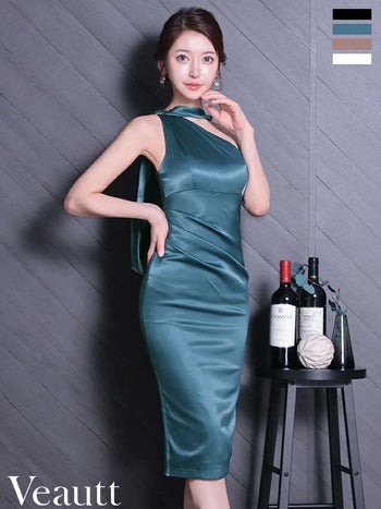 キャバドレス Veautt ヴュート アシンメトリーデザイン ショルダードレープ ウエストタック サテン セクシー ホルターネック 膝丈ドレス