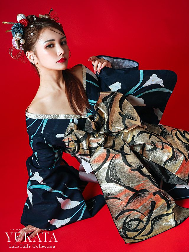 浴衣 濃紺 菖蒲柄 2way 花魁ゆかた5点SET