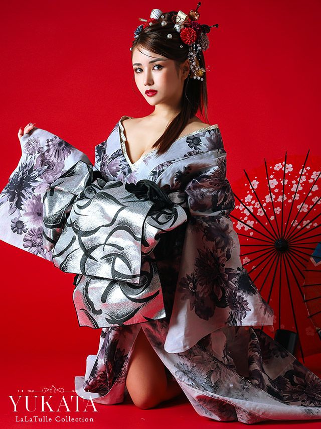 浴衣 グレー地 ヴィンテージ調 フラワー 2way 花魁ゆかた5点SET