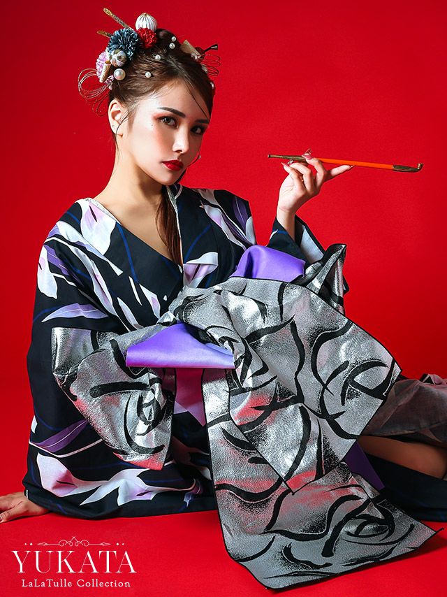 浴衣 花魁風 紺地 菖蒲柄 花魁ゆかた5点SET