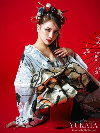 浴衣 モノトーン ローズ 縦縞 2way 花魁ゆかた5点SET