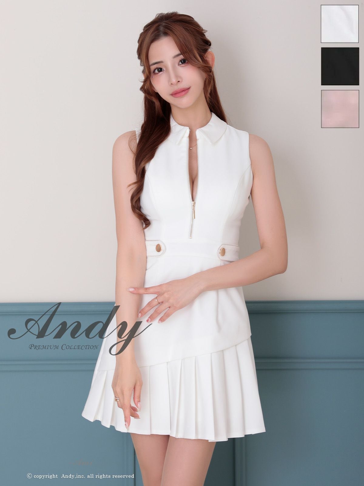 キャバドレス Andy アンディ プリーツ ノースリーブ ジップデザイン 飾りボタン 襟つき フレアミニドレス