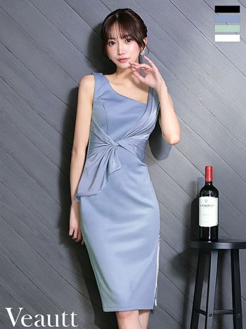 キャバドレス Veautt ヴュート ドレープ ウエストタック ジップデザイン サテン エレガント ノースリーブ 膝丈ドレス
