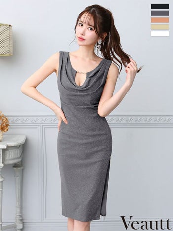キャバドレス Veautt ヴュート ジップデザイン バストカット ノースリーブ チャーム セクシー スリット タイト 膝丈ドレス 