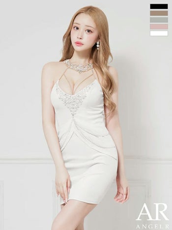 キャバドレス Angel R エンジェルアール パールチェーン シフォンドレープ ホルターネック ビジュー タイトミニドレス