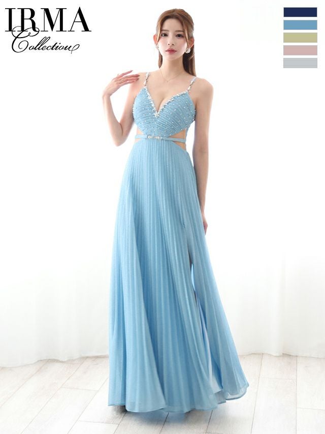 キャバドレス IRMA イルマ キャミソール ウエストベルト くびれ透け プリーツ スリット Aラインロングドレス