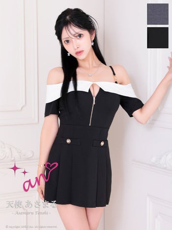 キャバドレス an アン 肩あき 半袖 バイカラー ジップデザイン 飾りボタン フレアミニドレス