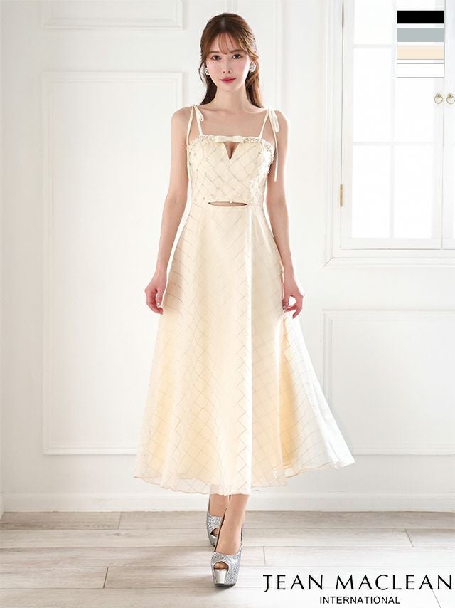 キャバドレス JEANMACLEAN ジャンマクレーン リボン パール ビジュー カットアウト シースルー フレア キャミソール Aラインロングドレス