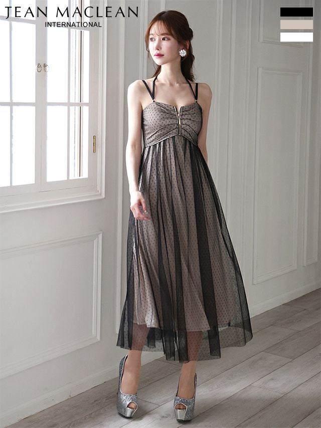 キャバドレス JEANMACLEAN ジャンマクレーン ドット柄 チュール バストジップ バックリボン フレア キャミソール Aラインロングドレス