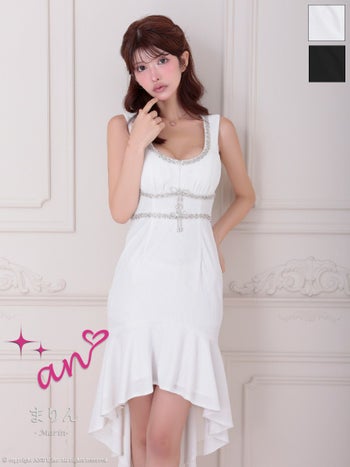 キャバドレス an アン テールカット ビジュー ジップデザイン ラメ リボン ノースリーブ ロングテールドレス