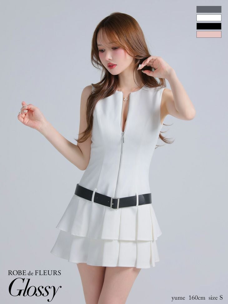 キャバドレス Glossy ROBE de FLEURS ジップデザイン ウエストベルト シンプル ノースリーブ プリーツ フレアミニドレス