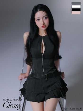 キャバドレス Glossy ROBE de FLEURS グロッシー ローブドフルール ウエストベルト プリーツ ノースリーブ ジップデザイン シンプル フレアミニドレス 