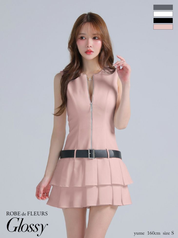 キャバドレス Glossy ROBE de FLEURS グロッシー ローブドフルール ノースリーブ ジップデザイン ウエストベルト プリーツ シンプル フレアミニドレス 