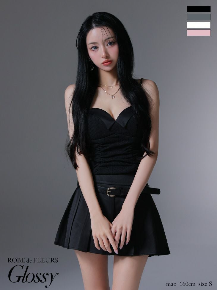 キャバドレス Glossy ROBE de FLEURS グロッシー ローブドフルール キャミソール セットアップ ハートカット ウエストベルト プリーツ シンプル フレアミニドレス