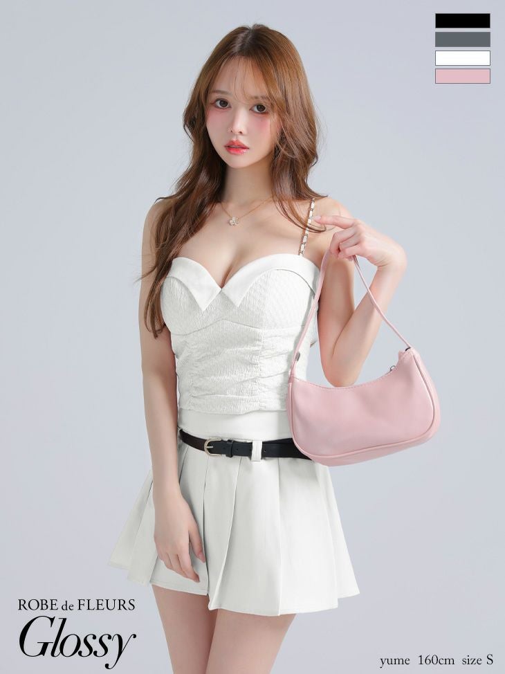 キャバドレス Glossy ROBE de FLEURS グロッシー ローブドフルール セットアップ ハートカット キャミソール シンプル ウエストベルト プリーツ フレアミニドレス 