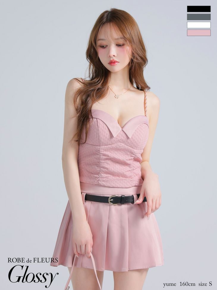 キャバドレス Glossy ROBE de FLEURS グロッシー ローブドフルール ハートカット セットアップ ウエストベルト キャミソール プリーツ シンプル フレアミニドレス 