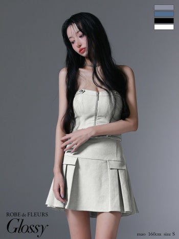 キャバドレス Glossy ROBE de FLEURS グロッシー ローブドフルール ベア ジップデザイン キャミソール セットアップ ウエストベルト プリーツ フレアミニドレス