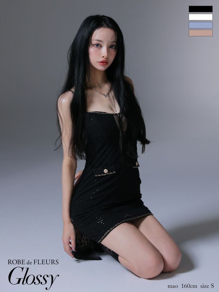 キャバドレス Glossy ROBE de FLEURS グロッシー　ローブドフルール キャミソール ラメチュール バストカット シンプル タイトミニドレス