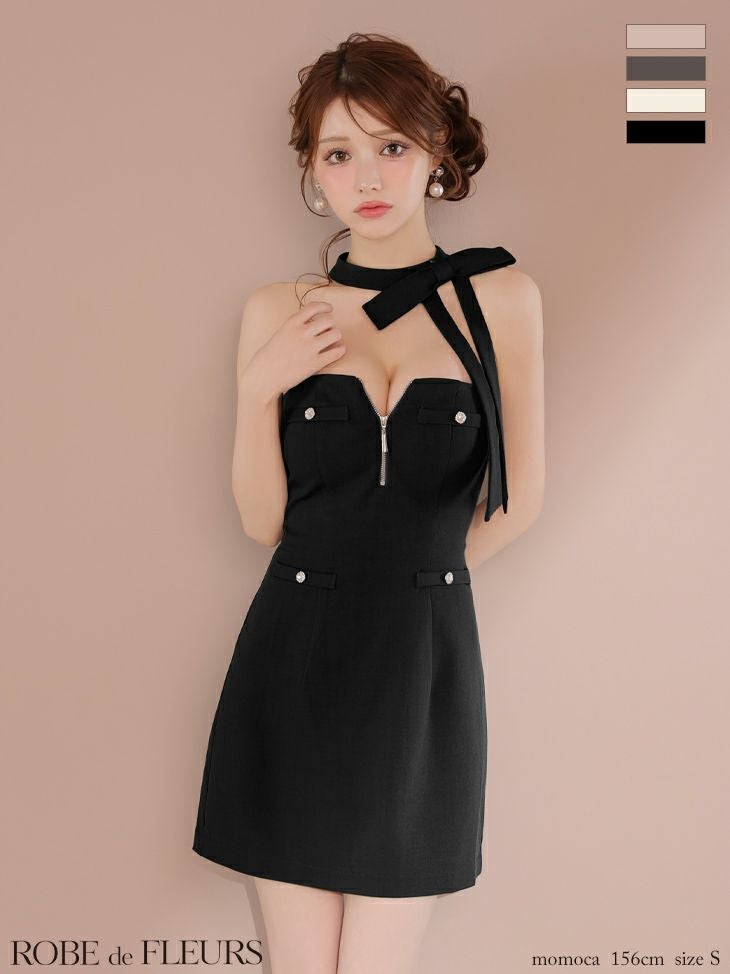 キャバドレス ROBEdeFLEURS ローブドフルール ホルターネック ネックリボン ジップデザイン 2way タイトミニドレス