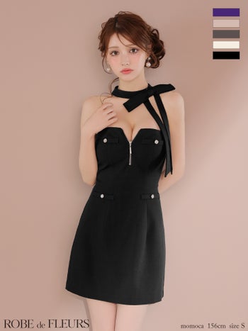 キャバドレス ROBEdeFLEURS ローブドフルール ホルターネック ネックリボン ジップデザイン 2way タイトミニドレス