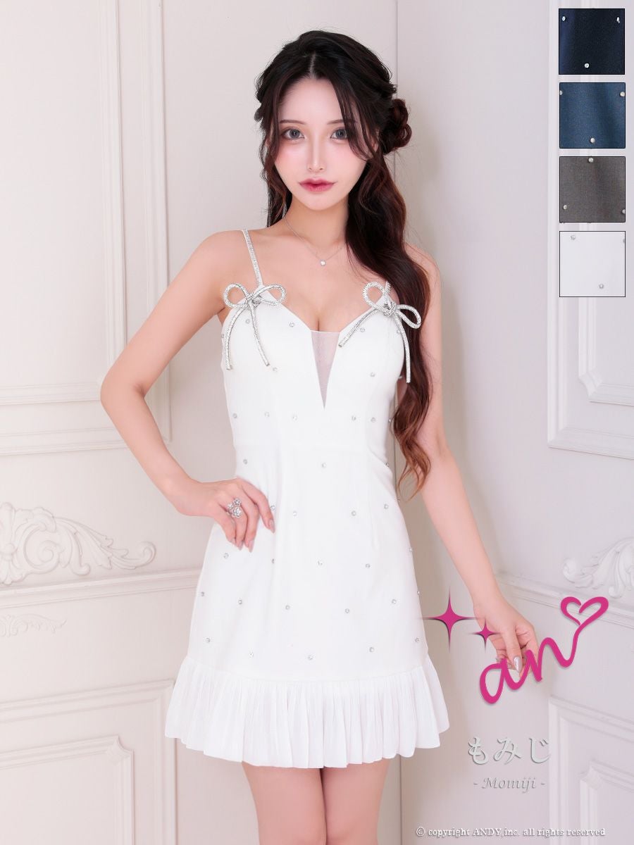 キャバドレス an アン ドット柄 バイカラー ビジュー キャミソール 裾フリル リボン バストシースルー フレアミニドレス