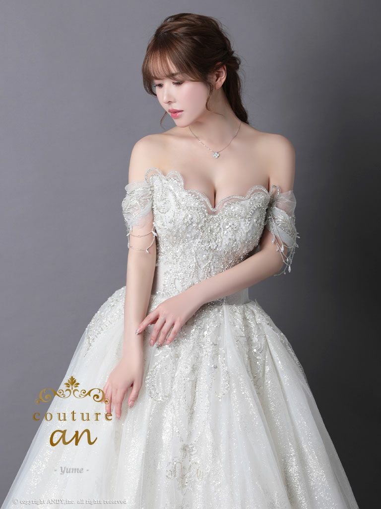 キャバドレス couture an オフショルダー 半袖 シフォン 刺繍 ビジュー レースアップ バースデー Aラインロングドレス