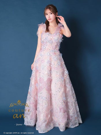 キャバドレス couture an ノースリーブ シフォン ショルダーリボン フラワー ビジュー レースアップ バースデー Aラインロングドレス