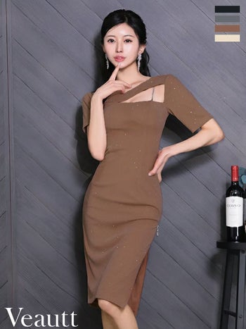 キャバドレス Veautt ヴュート 袖あり ラメ チェーン ジップデザイン ワンショルダー アシメデザイン スリット タイト 膝丈ドレス