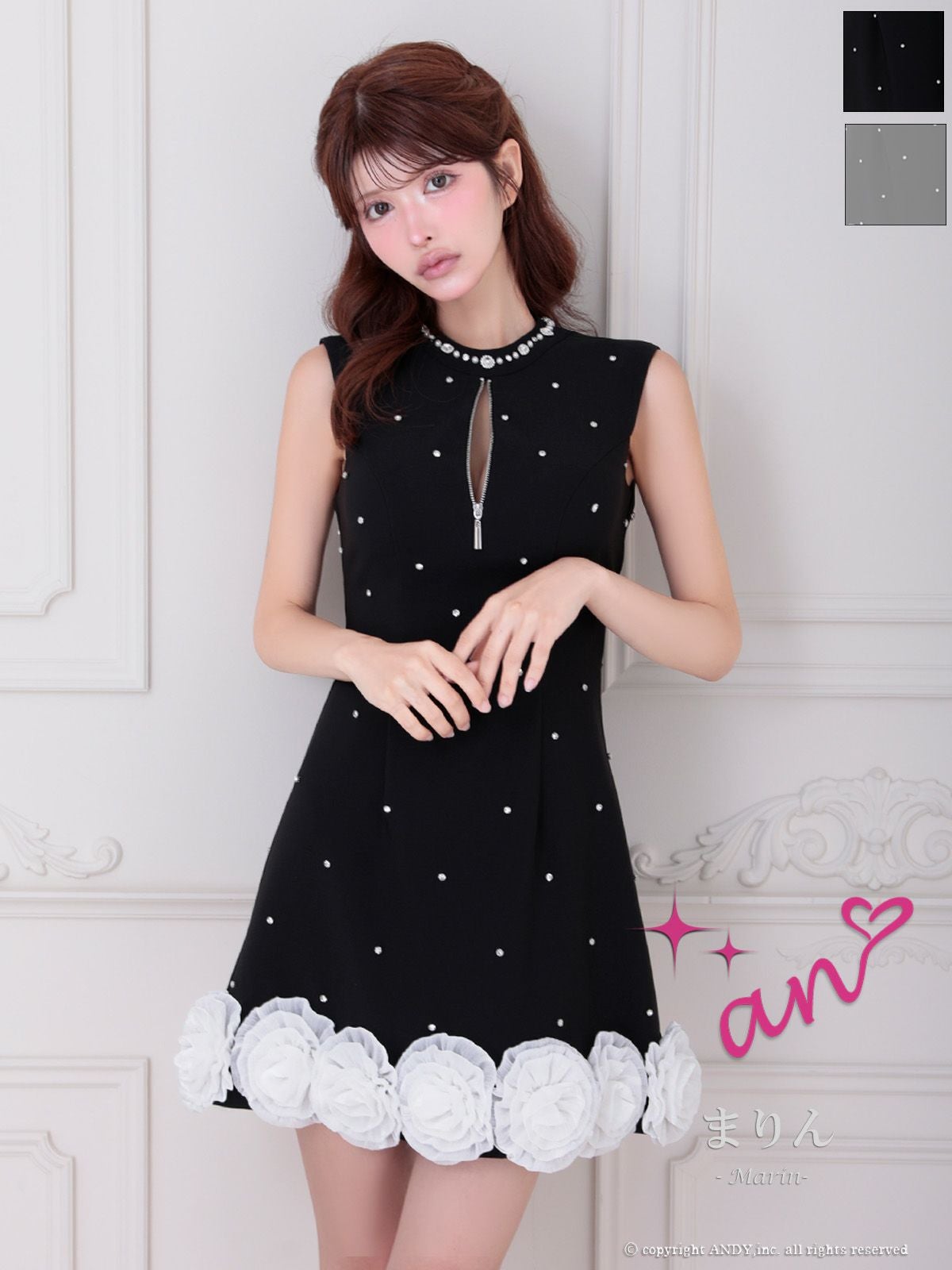 キャバドレス an アン ボリュームフラワー ビジュー ジップデザイン ノースリーブ フレアミニドレス