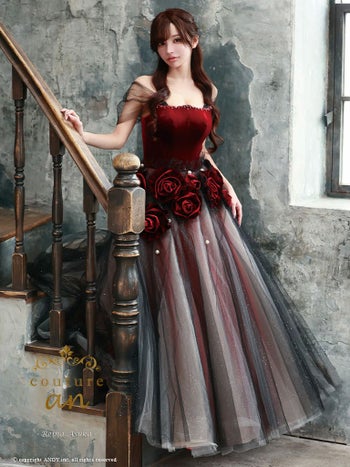 キャバドレス couture an オフショルダー 半袖 ベロア シフォン 立体フラワー チュール レースアップ バースデー Aラインロングドレス