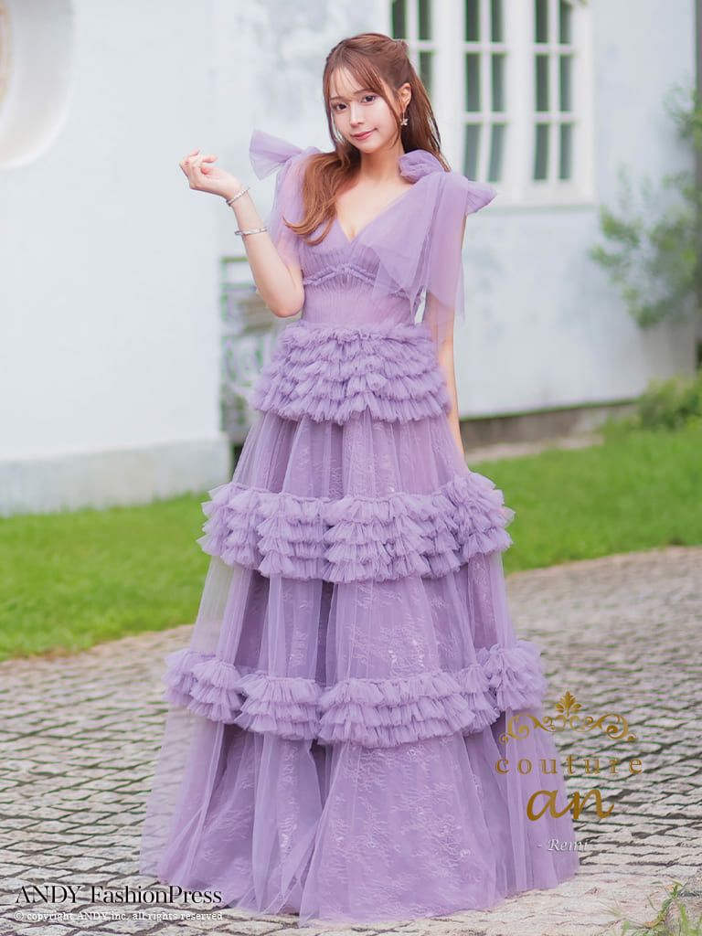 キャバドレス couture an ノースリーブ シフォン フリル ショルダールボン レースアップ バースデー Aラインロングドレス