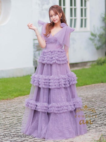 キャバドレス couture an ノースリーブ シフォン フリル ショルダールボン レースアップ バースデー Aラインロングドレス