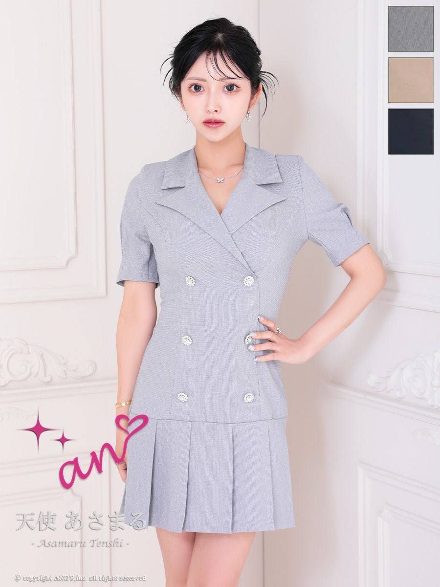 キャバドレス an アン 襟付き 袖あり パフスリーブ ビジューボタン プリーツ Vカット フレアミニドレス