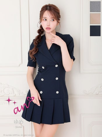 キャバドレス an アン パフスリーブ 襟付き 袖あり ビジューボタン プリーツ Vカット フレアミニドレス