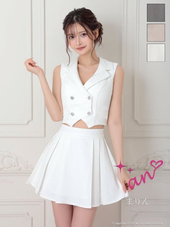 キャバドレス an アン Vカット ノースリーブ セットアップ 襟付き ワンカラー ビジューボタン プリーツ 飾りポケット フレアミニドレス