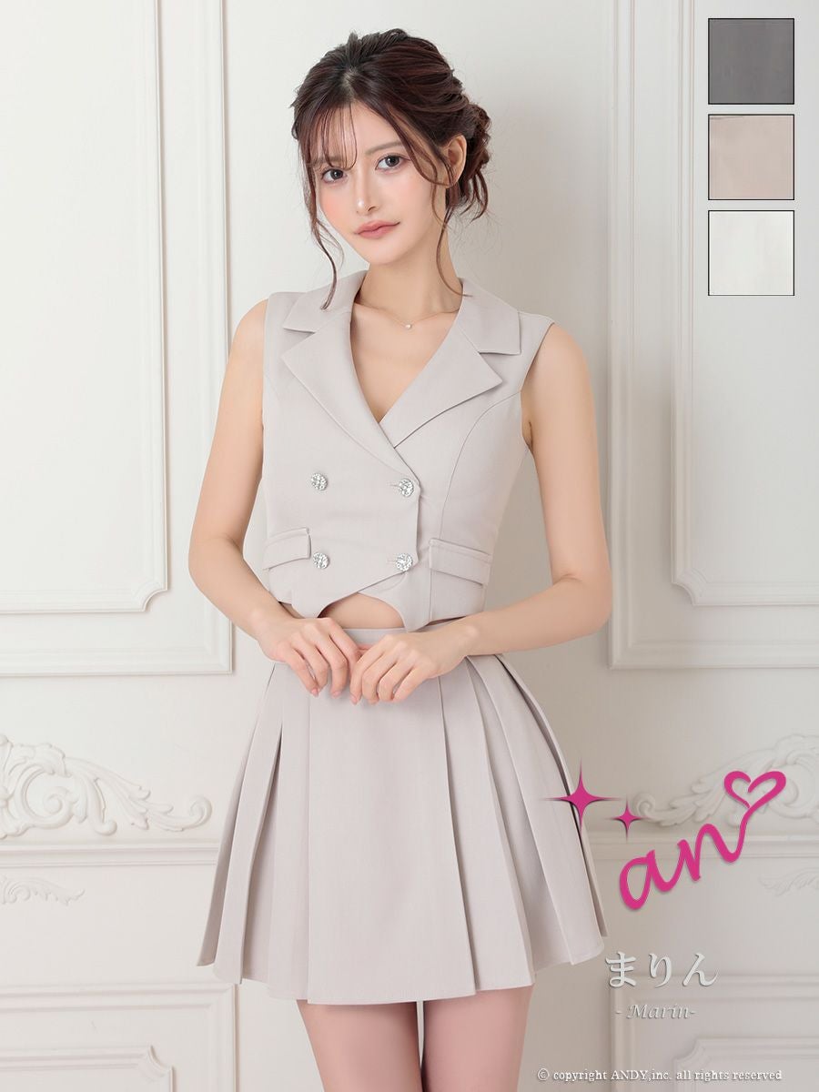 キャバドレス an アン ノースリーブ Vカット セットアップ 襟付き ワンカラー ビジューボタン プリーツ 飾りポケット フレアミニドレス