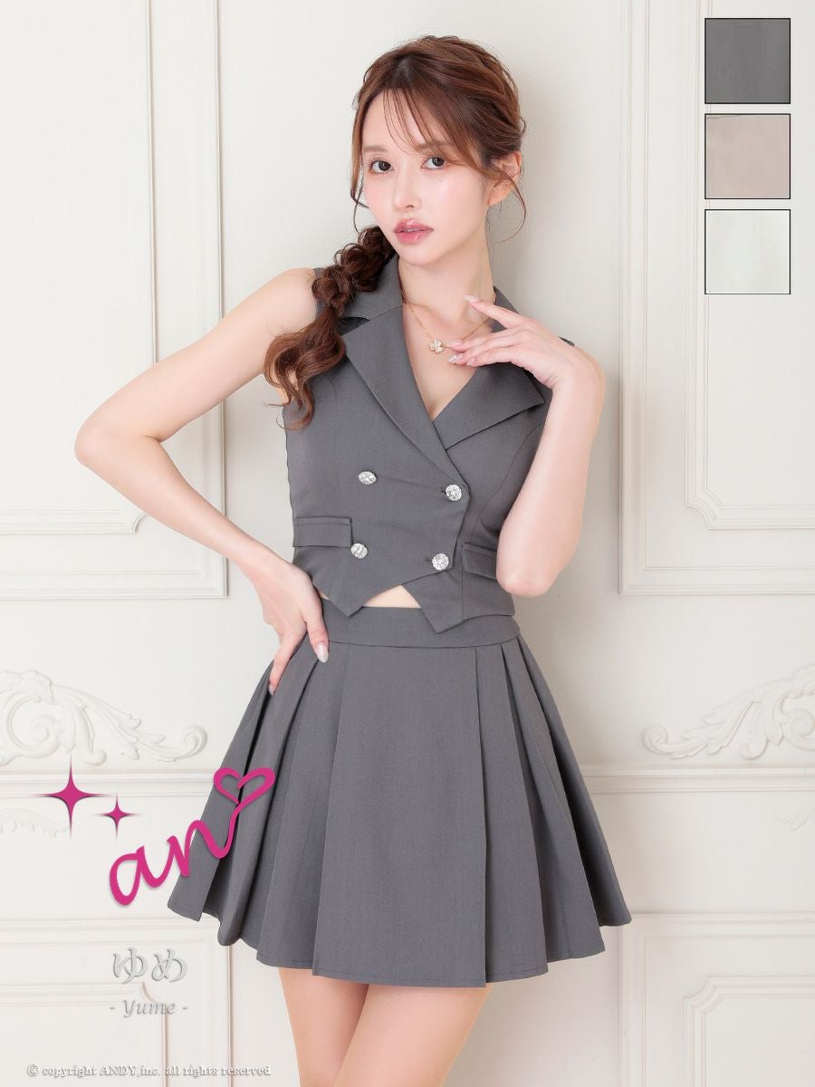 キャバドレス an アン セットアップ ノースリーブ Vカット 襟付き ワンカラー ビジューボタン プリーツ 飾りポケット フレアミニドレス