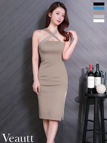 キャバドレス Veautt ヴュート ビジュー ジップデザイン セクシー ホルターネック クロスデザイン アシンメトリー 膝丈ドレス