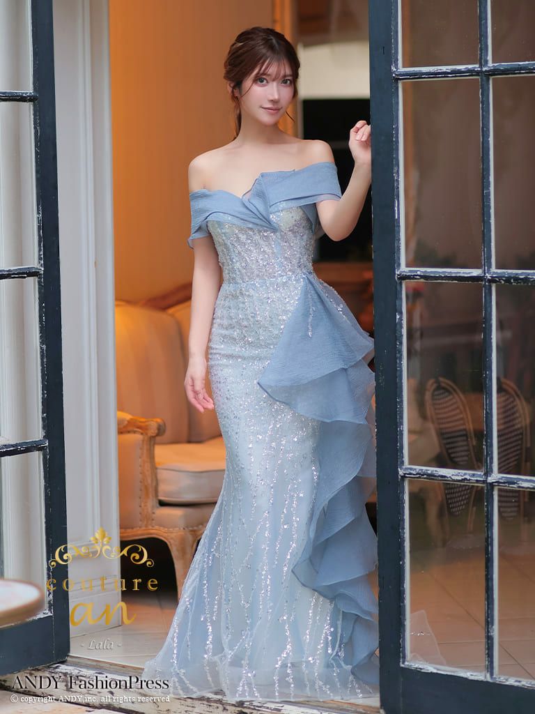 キャバドレス couture an オフショルダー シフォン フリル スパンコール レースアップ バースデー マーメイドロングドレス
