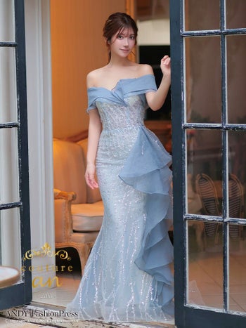 キャバドレス couture an オフショルダー シフォン フリル スパンコール レースアップ バースデー マーメイドロングドレス