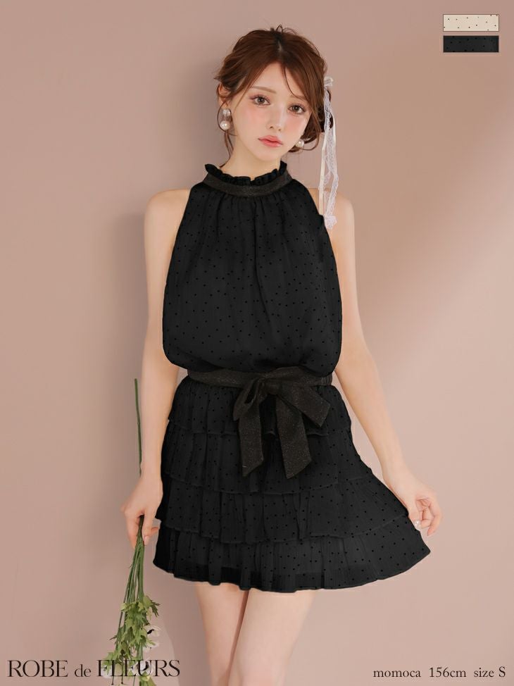 キャバドレス ROBEdeFLEURS ローブドフルール ウエストリボン オーガンジー ティアード フリル ドット柄 ノースリーブ フレアミニドレス