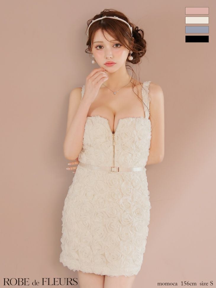 キャバドレス ROBEdeFLEURS ローブドフルール ローズレース サテン ノースリーブ ジップデザイン ガーリー タイトミニドレス