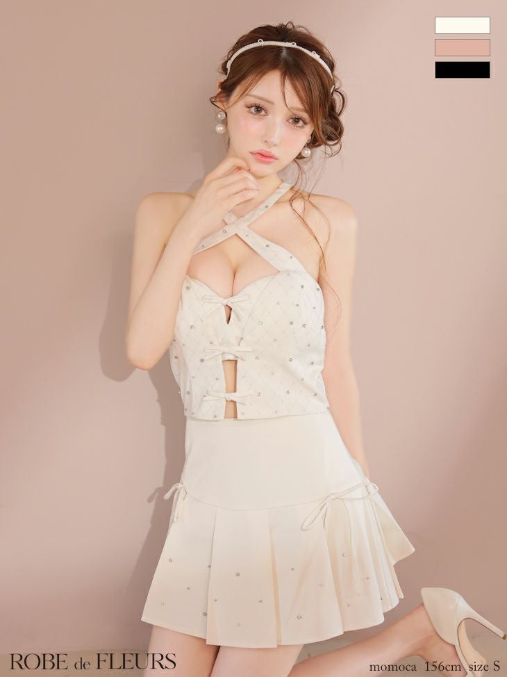 キャバドレス ROBEdeFLEURS ローブドフルール ホルターネック クロスデザイン リボン ビジュー セットアップ フレアミニドレス