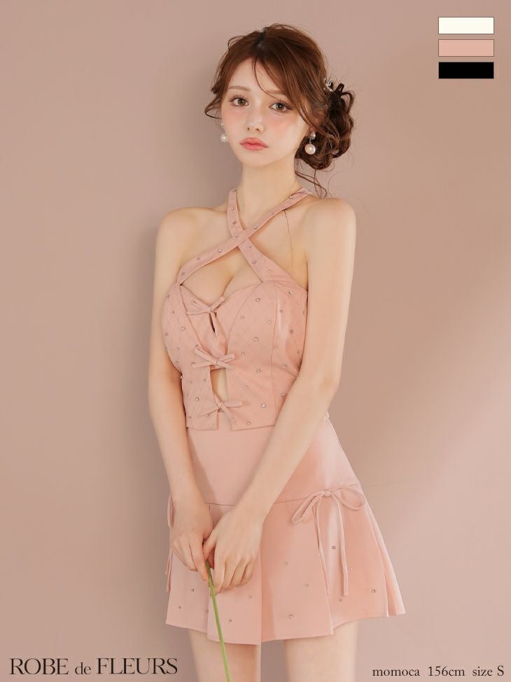 キャバドレス ROBEdeFLEURS ローブドフルール クロスデザイン リボン ホルターネック ビジュー セットアップ フレアミニドレス