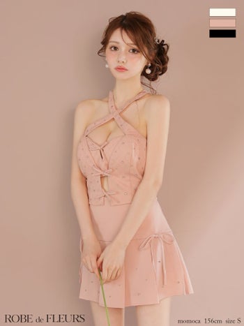 キャバドレス ROBEdeFLEURS ローブドフルール クロスデザイン リボン ホルターネック ビジュー セットアップ フレアミニドレス